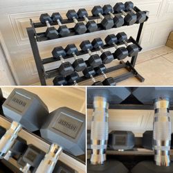 RENEGADE RUBBER HEX DUMBBELLS 5-50 POUND SET WITH STORAGE RACK