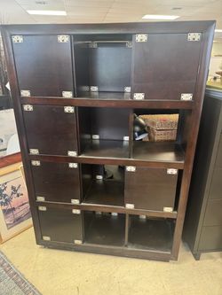 Dark Wood Cubby Bookcase with Drop-Front Doors