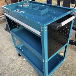 3 Tier Rolling Tool Cart with Drawers, Tool Cart on Wheels with Sliding Top for Garage, Warehouse & Repair Shop, Blue