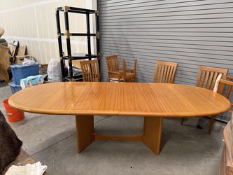 Vintage Solid Teak 6' to 9' Extension Dining Table, 8 Chairs (2 with Armrests), & Matching  Hutch