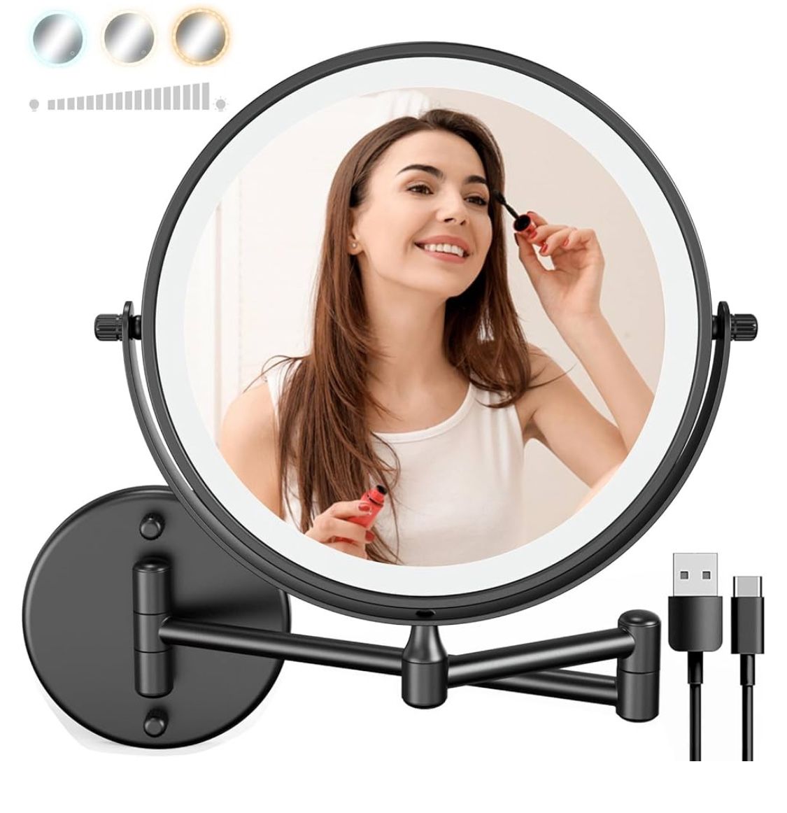 Rechargeable Wall Mounted Lighted Makeup Mirror Black Finishes, 8 Inch Double-Sided