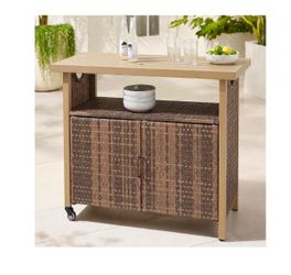 Outdoor Bar Table with Storage Cabinet, Patio Serving Cart with Wheels, Wicker Bar Cart and Grill Cart Prep Station, Rolling