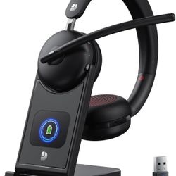 Wireless Headset with Mic for Work-Bluetooth 5.3 Headset with Noise Cancelling, Wireless Headsets with 65Hrs Battery & 10Min Fast Charge, Smart Dock w