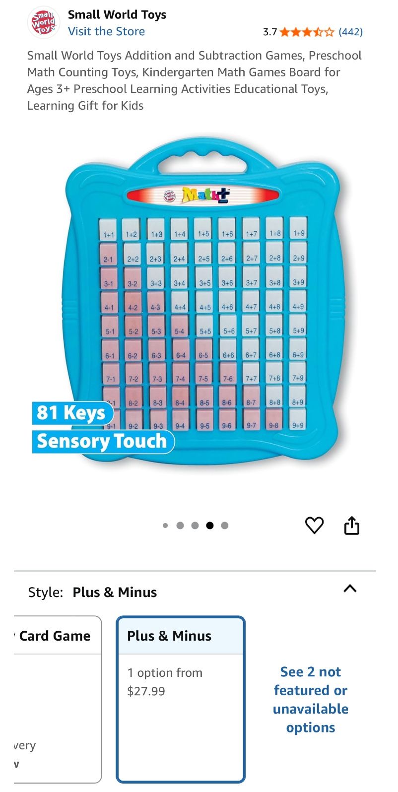 Addition and Subtraction Math Games Board for Ages 3+