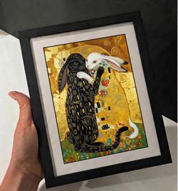Framed Klimt-style rabbit print – black & white hares
