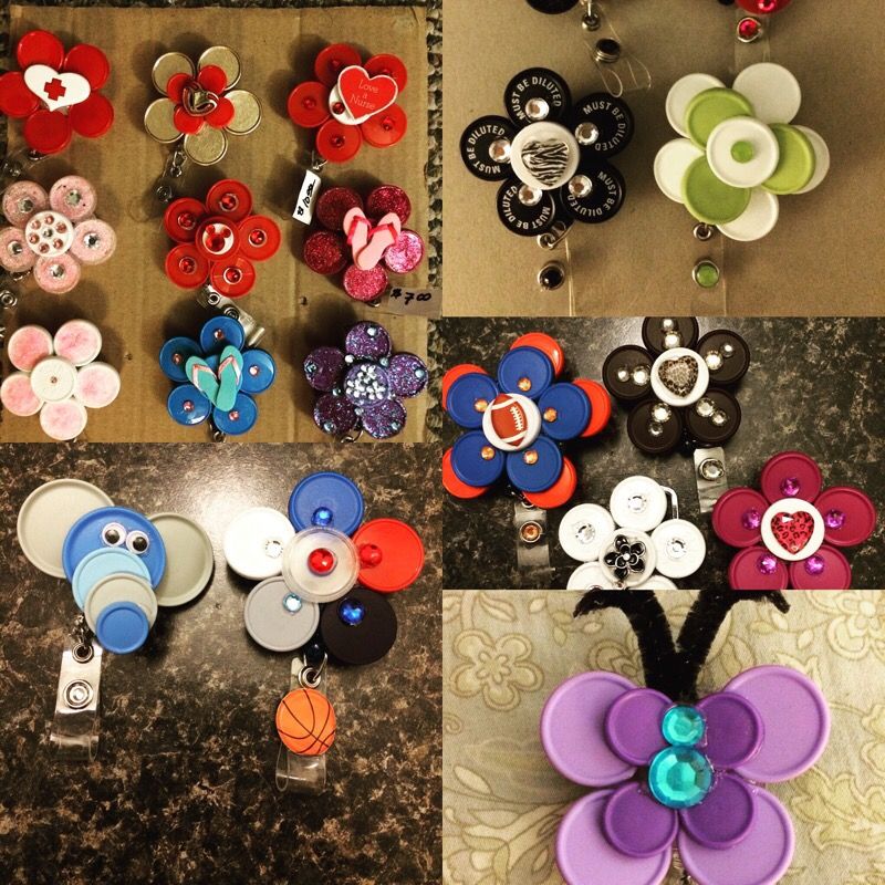Name tag holders, hand made most from medication vial tops