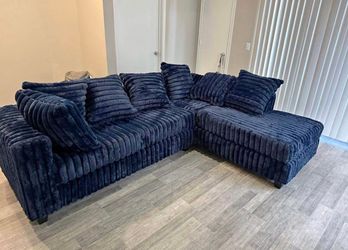 (NEW IN BOX)- Comfy Navy Cord Sectional With Pillows Finance Available $54 down pmt only