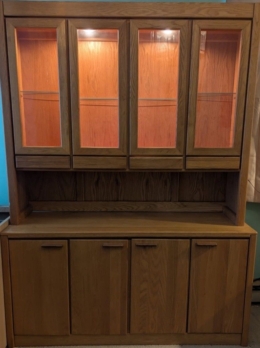Two Piece Wooden Hutch/Cabinet Glass Doors And Shelves