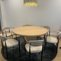 59” Round Oak Dining Table 7pc Set - Free Delivery ✅ Round Wood Dining Table With Arhaus Jagger Dupe Dining Chairs