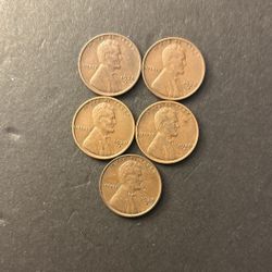 Coins- Lincoln pennies – 1938D Coins – Denver mint - about 20 million coins minted – Total 5 coins $10