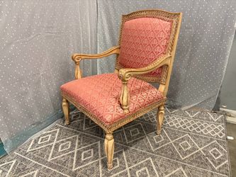 Rustic Finish Carved Wood Decorative Accent Chair with Coral Damask Print
