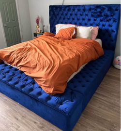 Blue Upholstered Queen Bed