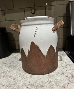 Rustic Antique White & Brown Ceramic Jar With Metal Handles – Farmhouse Decor