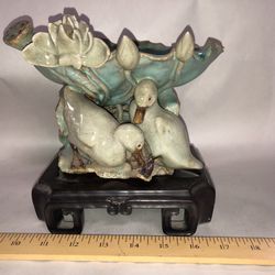 Beautifully Aged Chinese Ceramic Basket On Wood Base 