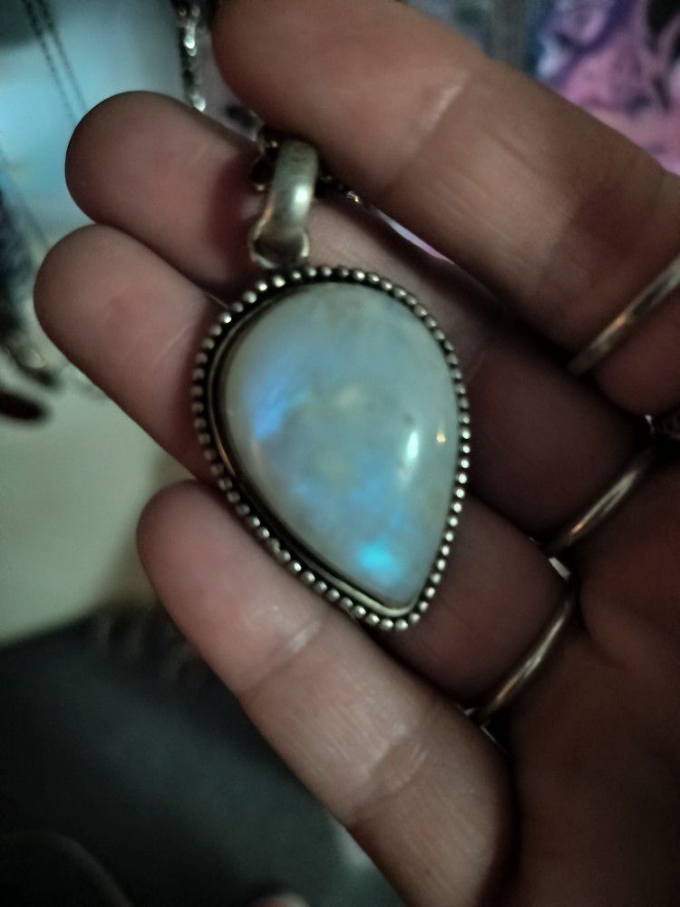 Large Blue Flash Moonstone Necklace Pendant