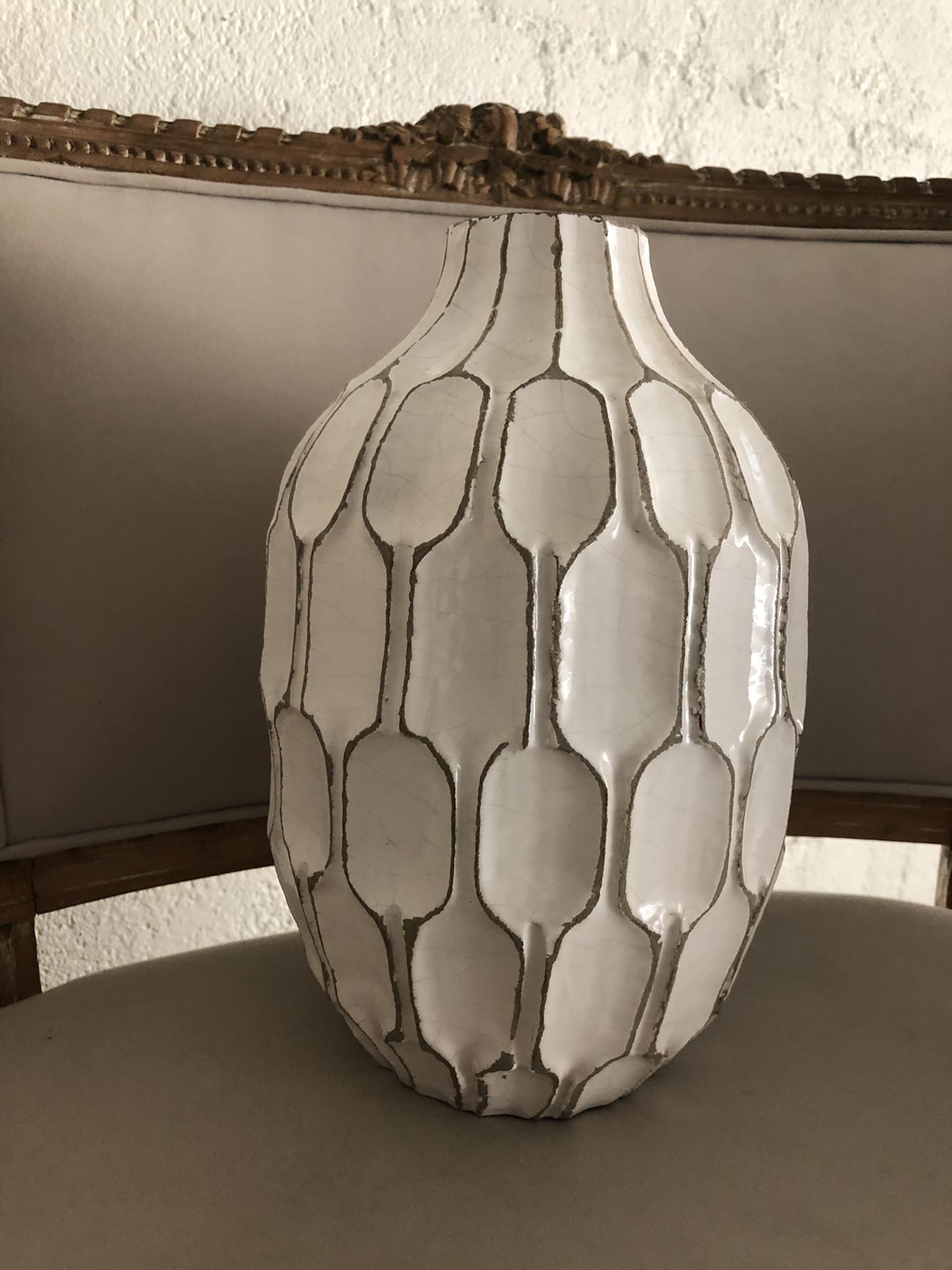 West Elm White Geometric Pattern Textured Vase