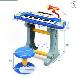 Gymax 37 Key Electronic Keyboard - Toy Piano with MP3 Input, Microphone & Stool Blue