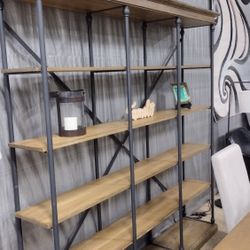 Brown Wood 5 Shelf Triple Bookcase, (New)Q