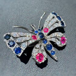 Vintage Jewelry .950 platinum butterfly natural diamond sapphire ruby 9.50CTW brooch pin