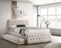 Full Twin Beige Frenchi Trundle Bed With Ortho Mattresses Included