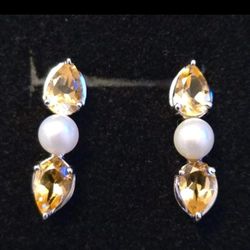 Sterling Silver 925 Citrine Pearl Dangle Earrings Butterfly Closure Pear Shape