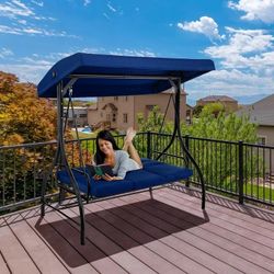 3-Seat Patio Swing, Outdoor Porch Swing with Adjustable Canopy & Cushions, Steel Frame, 750lbs