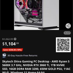 Skytech Shiva Gaming PC Desktop - AMD Ryzen 5 5600X 3.7 GHz, NVIDIA RTX 3060 Ti, 1TB NVME SSD, 16GB DDR4 RAM 3200