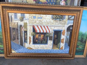 Framed European street scene Oil Painting