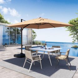 11 ft. x 11 ft. Outdoor Rectangular Heavy-Duty 360° Rotation Cantilever Patio Umbrella in Tan