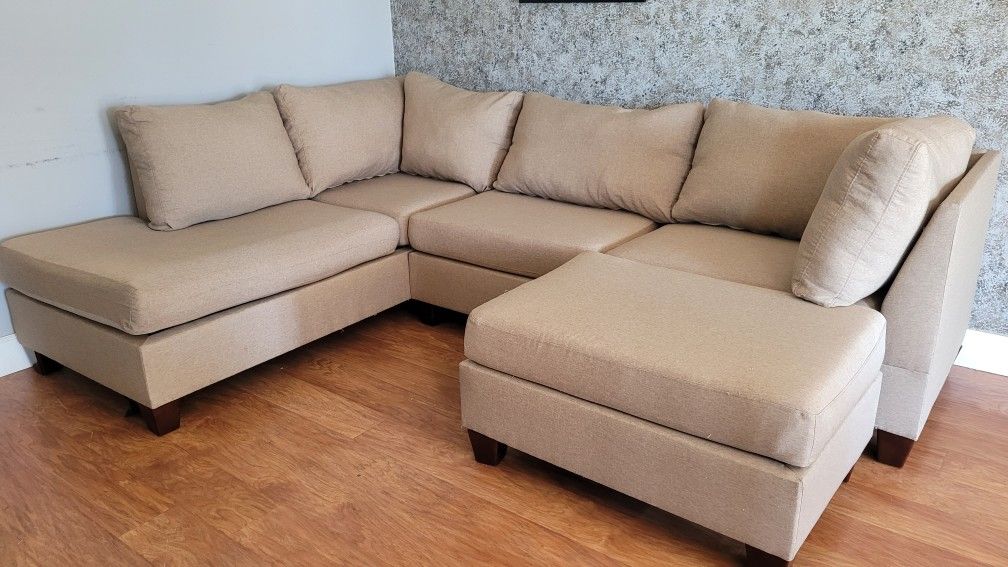 Beige Sectional Couch Sofa With Ottoman Reversable Cushion Covers Removable And Machine Washable