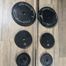 Los Angeles Paramount / Hollywood Standard Plates (plus 10s and 5s)  & 6 ft Standard Gently Used Bar [Total: 100 lbs].