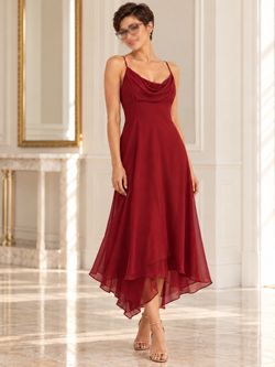 Burgundy Chiffon Cowl Neck Midi Dress