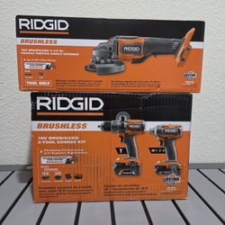 Ridgid 18V Brushless Hammer Drill, Impact Driver & 4.5" Angle Grinder Kit w/Batteries & Charger
