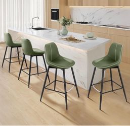 Bar Stools Set of 4, Counter Height, with Back, 24.8-Inch PU Leather, Ergonomic Backrest, Metal Legs, for Kitchen Island, Easy Assembly, Forest Green,