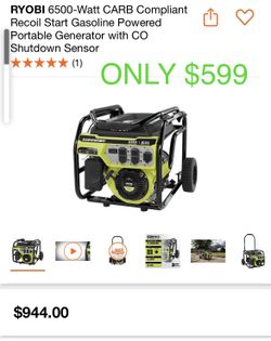 Ryobi 8125 starting watts 6500 running watts gas generator brand new only $599