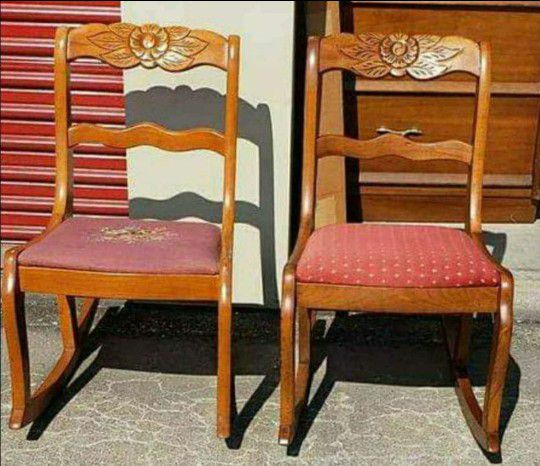 Vintage Depression Rose Carved Back Rocking Chairs - Sold as Pair or Individually