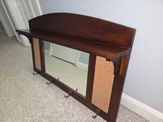 Wooden Entryway Mirror with Shelf, Corkboards, and Hooks