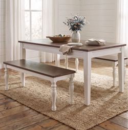 Farmhouse Dining Table with Two Benches