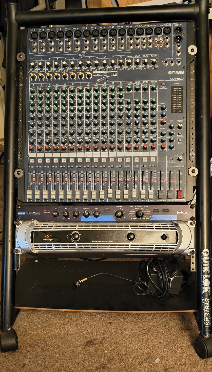 Studio Rack: Yamaha MG206C 20ch: Lexicon MPX100: Inuke 1000w Power Amp: Rolling Slant Rack