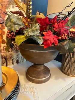 Beautiful fall centerpiece with wood base, metal bowl