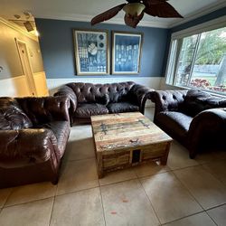 Leather Tufted 3 Piece Living Room Couch Set