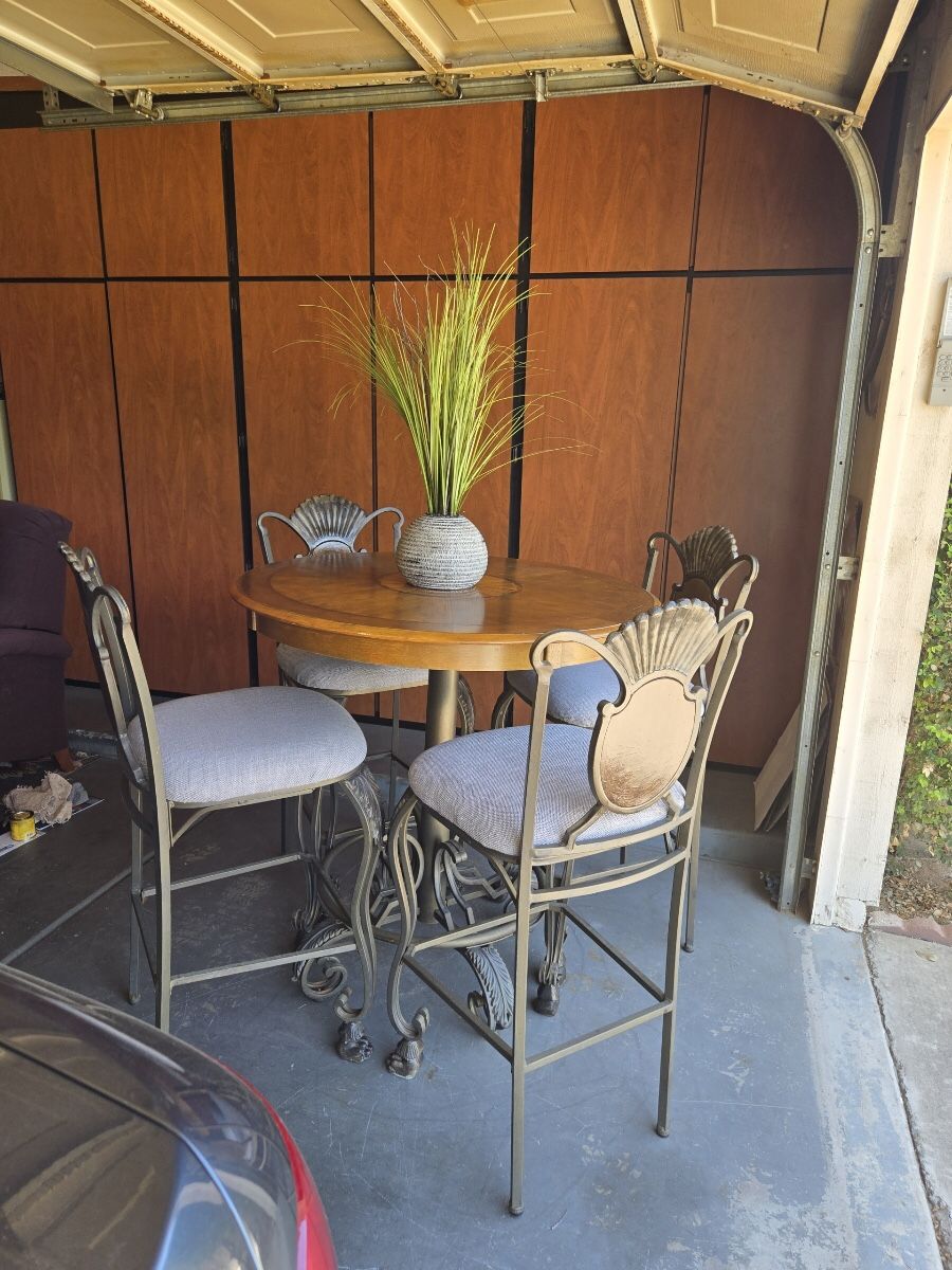 Bar Height Table/ Dining / Pub Wrought Iron With Four Cushioned Chairs