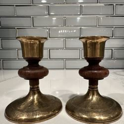 Vintage Brass & Dark Wood Candle Holders Set of 2 Mid Century  4 in Tall