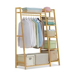 Bamboo Garment Rack with 5-Tier Storage Shelves Trapezoid Multi-Functional Garment Rack, Clothes Hanging Rack Stand for Bedroom Living Room, Natural
