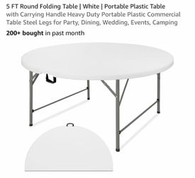 5 FT Round Folding Table | White | Portable Plastic Table with Carrying Handle Heavy Duty Portable Plastic Commercial Table Steel Legs for Party, Dini
