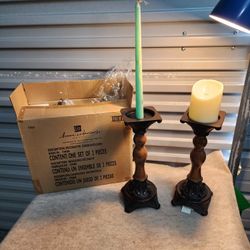 VINTAGE NEW Home INTERIORS  WOOD & METAL Tall Candle Holders SET OF 2 12" Tall
