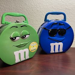 M&M Blue AND Green Candy Metal Carry Tin Lunch Box 6.25"x5.75"x3" Appx