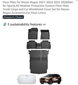 Floor Mats for Nissan Rogue 2021-2024 2025 2026(Not for Sport), All Weather Protection Custom Floor Mats Trunk Cargo and Car Windshield Cover Set for 