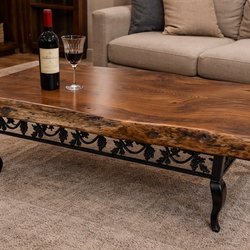 Rustic Live-Edge Pine Coffee Table with Vintage Ornate Metal Legs - 2” Thick Slab