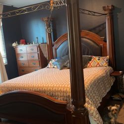 Victorian Wood /Leather King Bed Frame & Standing Mirror
